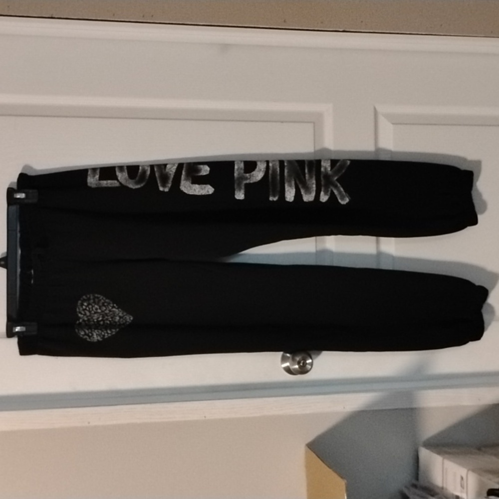 Vintage VS PINK Black Sweatshirt w Leopard Print Heart & Sweatpants Set XS/S - Picture 8 of 15